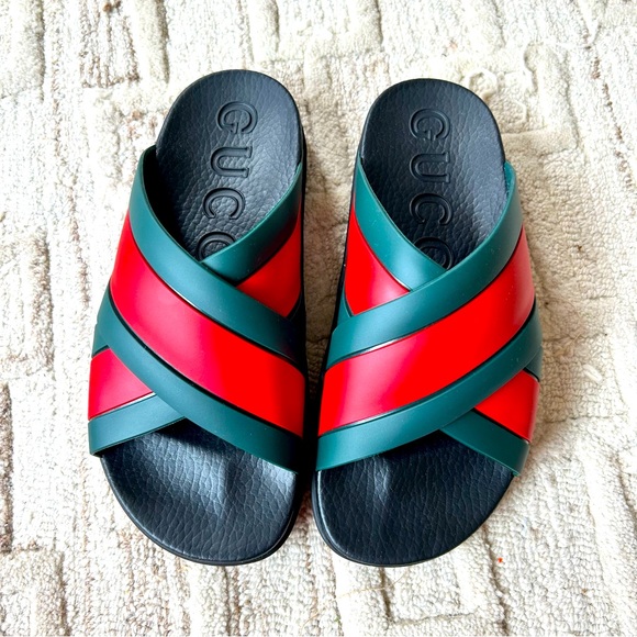 NIB Authentic Gucci Rubber Web Cross Front Slide Sandals Slippers Men 6 Women 8 - Picture 1 of 7